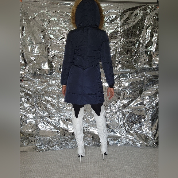 Cole Haan Navy Puffer Jacket with Fur Trim - Picture 5 of 16